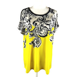 Susan Graver Women's Shirt Size Large Short Sleeve Yellow Black Spring...